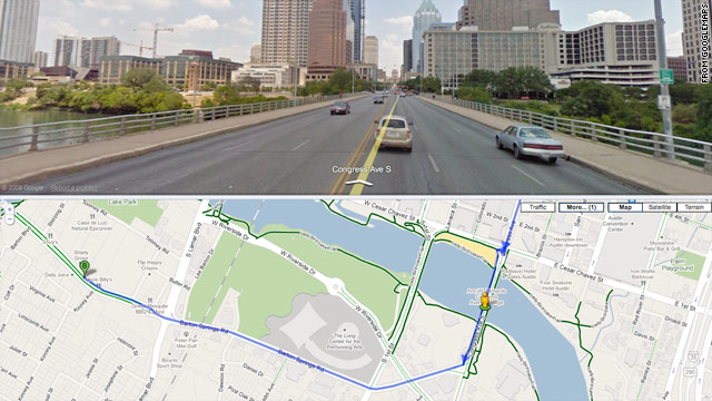 Google added bike routes to its online maps on Wednesday; this split-screen shows a bike route in Austin, Texas.