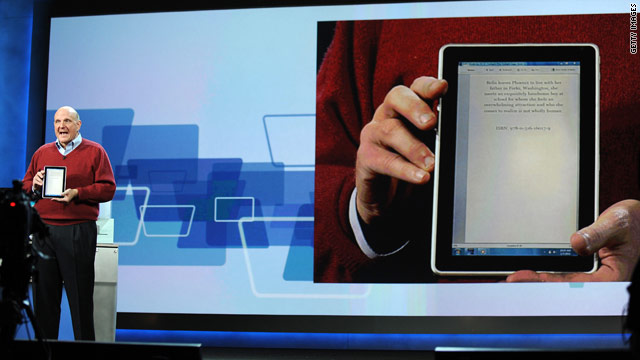 Microsoft CEO Steve Ballmer shows off the new HP Slate computer at CES in January.