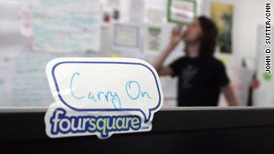 Foursquare shares office space with two other tech start-ups. Crowley says it feels like a "sweatshop."