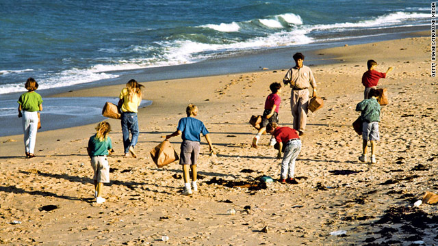 Kids prove to be eco-friendly when they help clean up a beach.