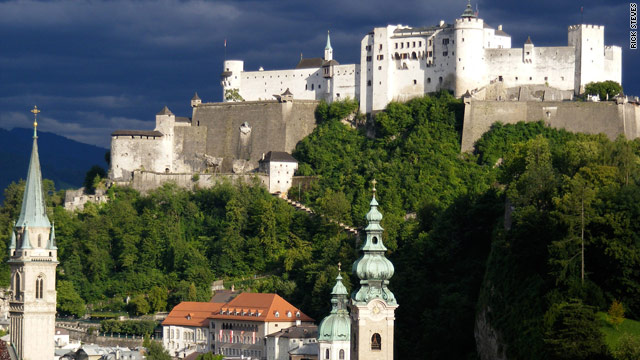 Salzburg's Hohensalzburg Fortress looms 400 feet above Austria's famous Baroque city.