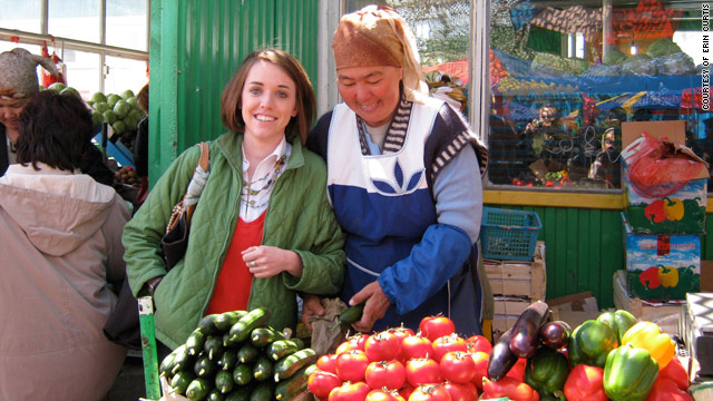 Returned Peace Corps volunteer Erin Curtis, left, shops for vegetables at a bazaar in Kazakhstan.