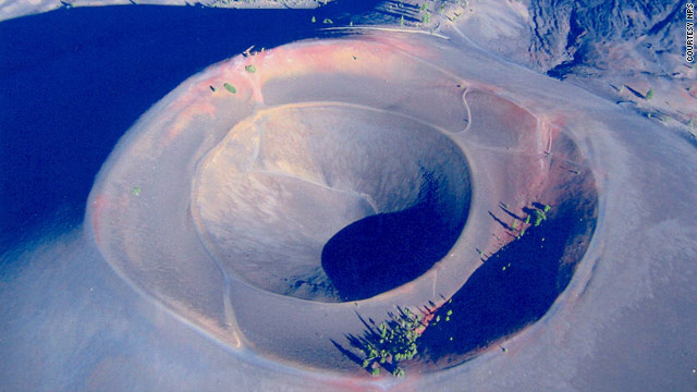 An aerial photo shows the crater and double rim of the 700-foot high Cinder Cone at Lassen Volcanic National Park.