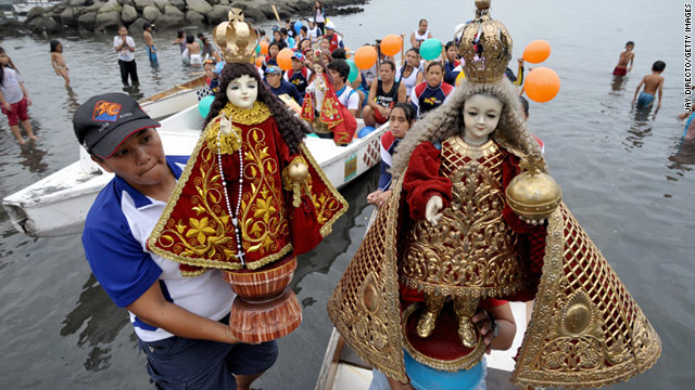 Statues of Santo Nino are carried on dragon boats in the Philippines. Many towns hold processions for Santo Nino in January.