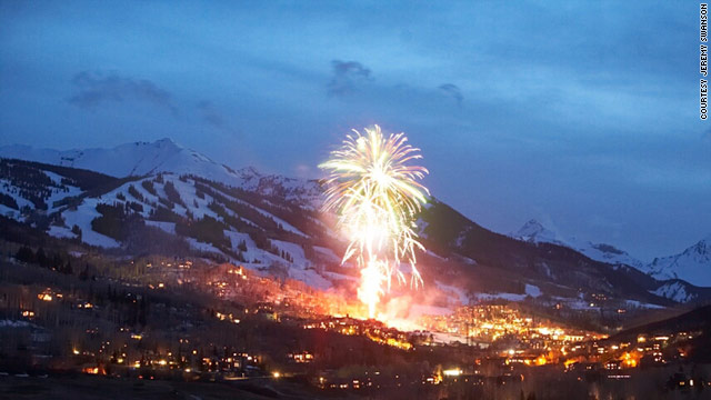 Fireworks light up Snowmass, Colorado, a winter wonderland for skiers and snowboarders.