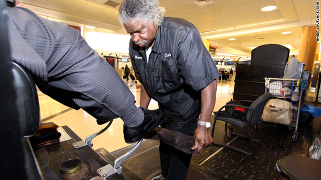 Charles Sanders has been polishing and buffing shoes at the Atlanta airport for 10 years.