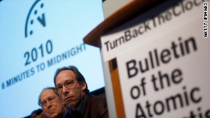 Members of the Bulletin of Atomic Scientists announce the adjustment of the 'Doomsday Clock' in New York on Thursday.