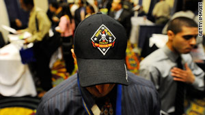 A former Marine attends a job fair in Los Angeles, California, that focused on jobs for veterans.