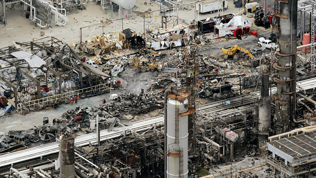 The aftermath of the 2005 BP refinery explosion in Texas City, outside of Houston.  The blast killed 15 BP contractors.