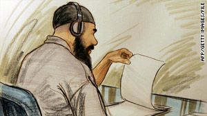 Sketch shows Ibrahim Ahmed Mahmoud al Qosi at a Guantanamo hearing.