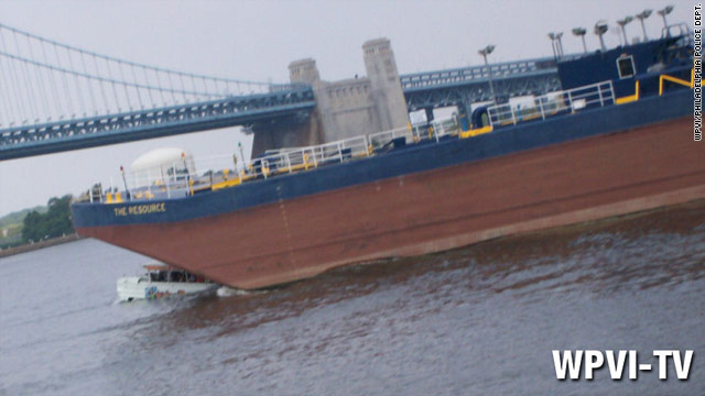 A barge hits a tour boat Wednesday on the Delaware River in Philadelphia, Pennsylvania.