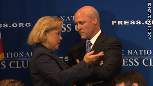 New Orleans Mayor Mitch Landrieu meets with his "baby sister," Sen. Mary Landrieu, at the luncheon Thursday.