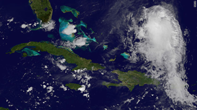 A satellite image early Friday shows Tropical Storm Fiona north of the Dominican Republic.