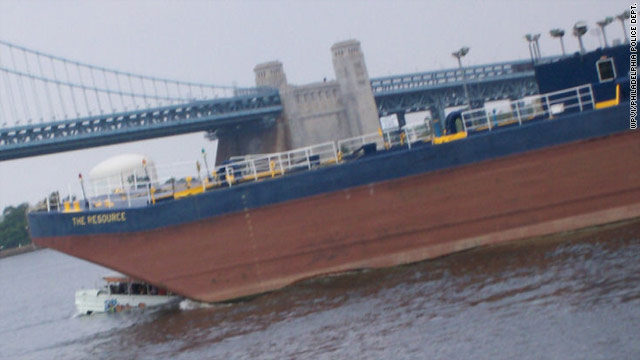 A barge overruns a DUKW tour boat July 7 on the Delaware River in Philadelphia, Pennsylvania; two students drowned.