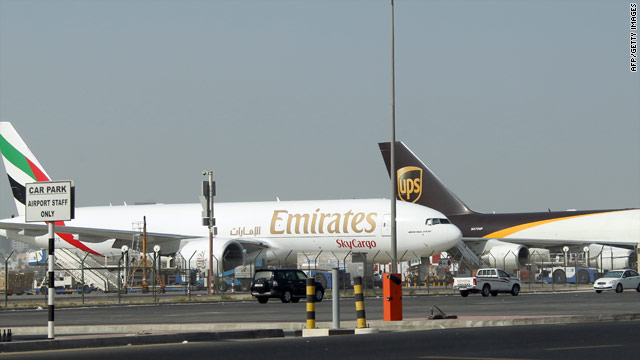 Airliners sit on the tarmac at Dubai airport Oct. 31, a day after a parcel bomb was intercepted in Dubai originating in Yemen.