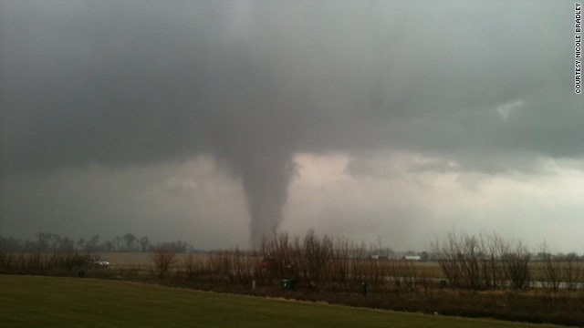 There are reports of several tornadoes touching down in the area of Caledonia, Illinois.