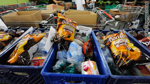 Carts full of groceries wait to be picked up at a Los Angeles food bank in September.