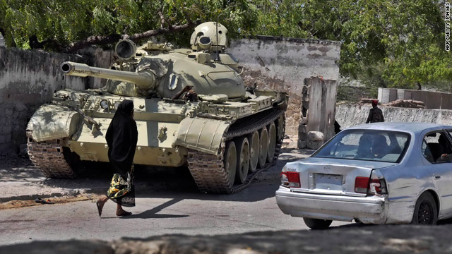 A tank from the African Union peacekeeping forces takes up a position last week in Mogadishu, Somalia's capital.