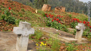 A mass grave in Rwanda marks the site where a church was bulldozed as part of the 1994 genocide.