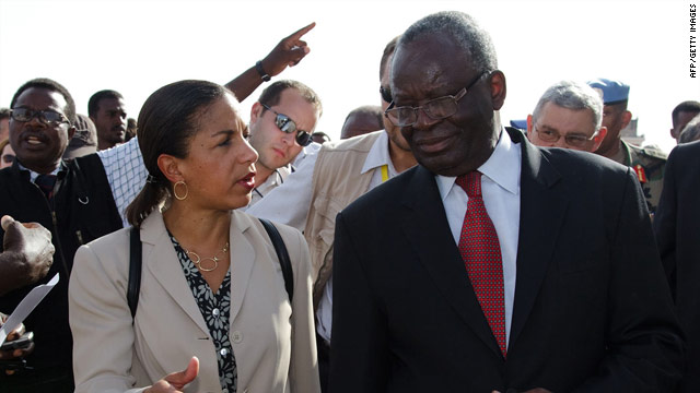 U.S. Ambassador to the U.N. Susan Rice speaks with UNAMID Joint Special Rep. Ibrahim Gambari in North Darfur Thursday.