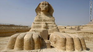 The Sphinx depicts the pharaoh as a human-headed lion, wearing the headdress of the pharaohs.