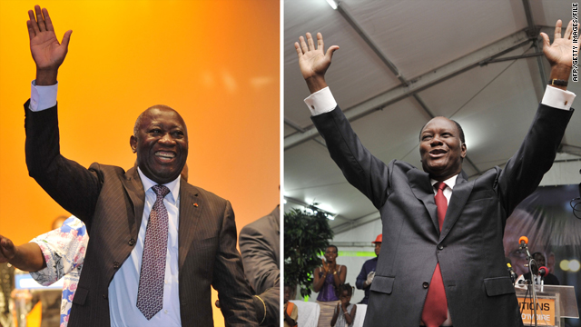 Ivorian president Laurent Gbagbo, left, led rival former Prime Minister Alassane Ouattara, right, in the first round.