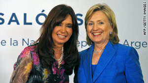 Argentine President Cristina Fernandez de Kirchner, left, poses with U.S. Secretary of State Hillary Clinton.