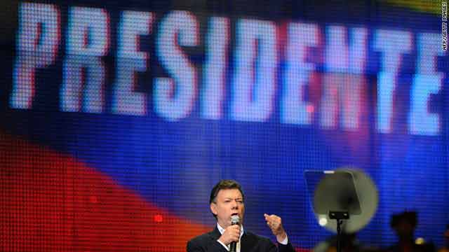 Colombian President-elect Juan Manuel Santos delivers a speech in Bogota on Sunday after the presidential election run-off.