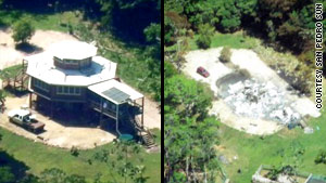 A building on Cherie and Vince Rose's 36-acre sanctuary before and after an angry mob torched it on Sunday.