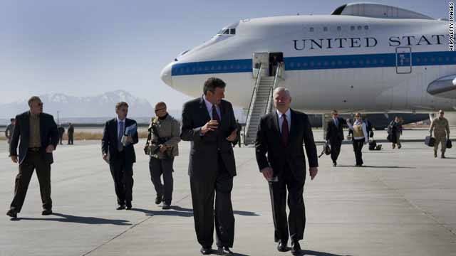 U.S. Defense Secretary Robert Gates, right, talks with U.S. Ambassador to Afghanistan Karl Eikenberry in Kabul Monday.