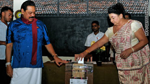 Sri Lankan President Mahinda Rajapaksa casts his vote in the parliamentary election on April 8.