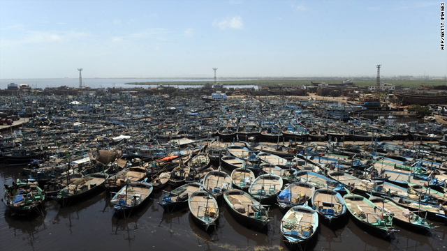 Fishing boats are seen moored at a harbour along the Arabian Sea in Karachi on Thursday.