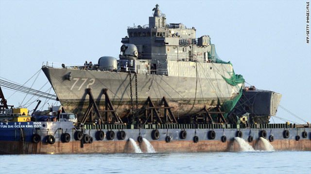North Korea denies any responsibility in the sinking of the Cheonan. The South Korean ship's salvaged bow is pictured in April.