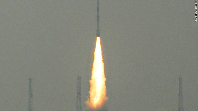 An Indian rocket carrying a payload of five satellites takes off from its launch pad on July 12, 2010.