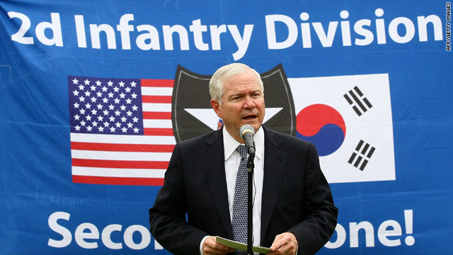 U.S. Defense Secretary Robert Gates talks to troops at Camp Casey near the DMZ in South Korea on Tuesday.