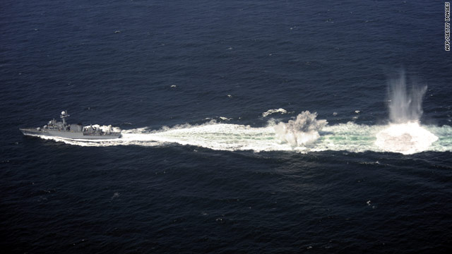 A South Korean destroyer drops depth charges during anti-submarine drills on Thursday.