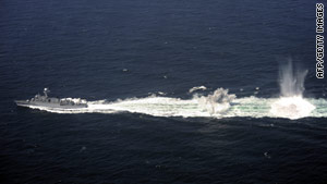 A South Korean destroyer conducts exercises off the Korean Penninsula earlier this month.