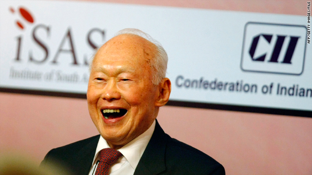 Singaporean Minister Mentor Lee Kuan Yew laughs at a symposium in New Delhi, India, on December 16, 2009.