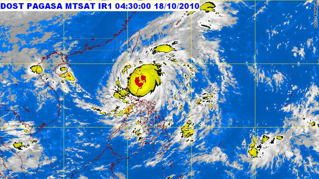 This PAGASA-DOST satellite image at 0430 GMT Monday shows Typhoon Juan making landfall in the Philippines.