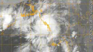 Satellite image shows Tropical Cyclone Giri making landfall in Myanmar.