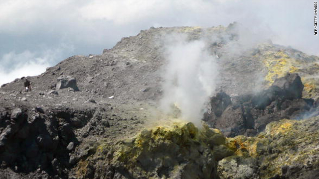 This picture taken on September 16, 2009, shows sulphurous fumes curling from fissures in the rock on Mount Merapi.