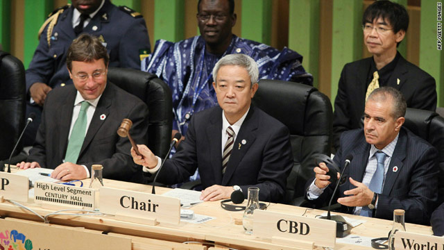 Japanese environment minister Ryu Matsumoto brings the gavel down on a successful United Nations biodiversity summit.
