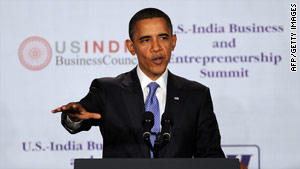 President Obama speaks at the U.S.-India Business Council and Entrepreneurship Summit on Saturday in Mumbai, India.