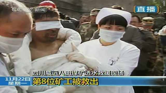 The eighth miner is being rescued from the flooded mine in Sichuan province, China, on Monday.
