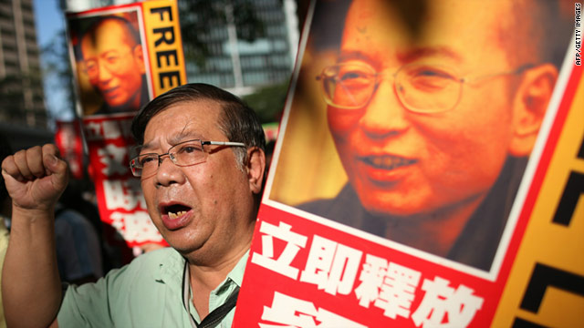 Protesters in  Hong Kong on December 5 demanding the release of Liu Xiaobo from a Chinese jail.
