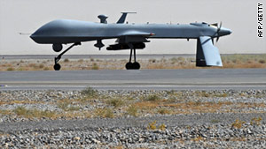 A file photograph of a U.S. Predator drone -- six militants were killed by a suspected U.S. drone strike in Pakistan.