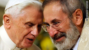 Pope Benedict XVI talks with chief Rabbi Riccardo Di Segni on Sunday in Rome's main synagogue.