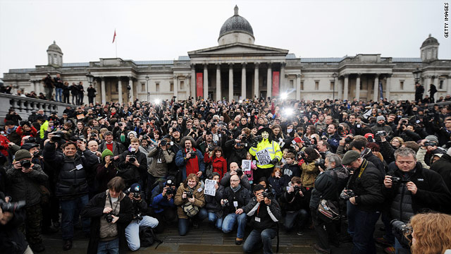 Photographers assembled in London's Trafalgar Square to protest terrorism laws in the UK on Saturday.