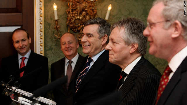 Leaders from Britain, Ireland, Northern Ireland address the media after announcing a Northern Ireland power-sharing deal.