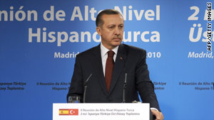 Recep Tayyip Erdogan addresses the media during an official visit to Spain.